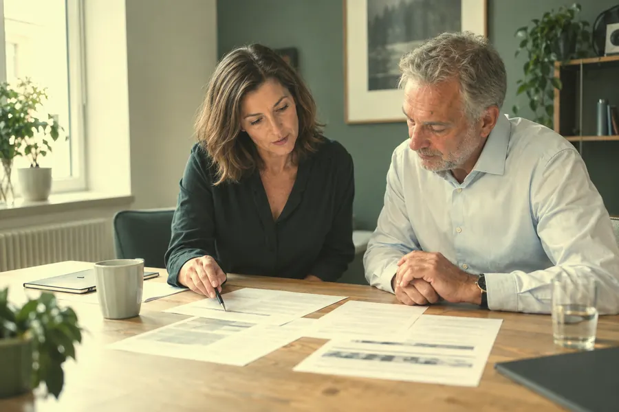 A search consultant walks a client through printed sheets of the market.
