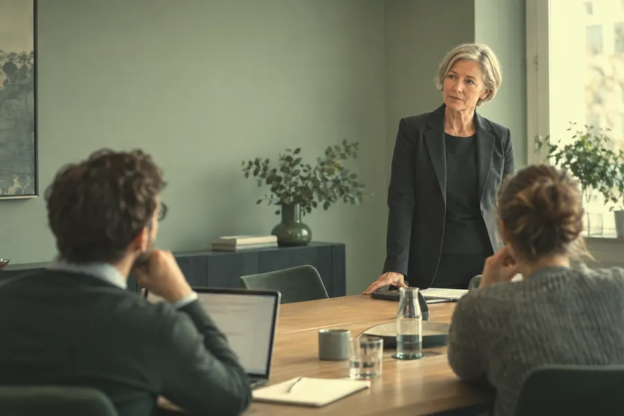 A managing partner listens at the head of a meeting table.