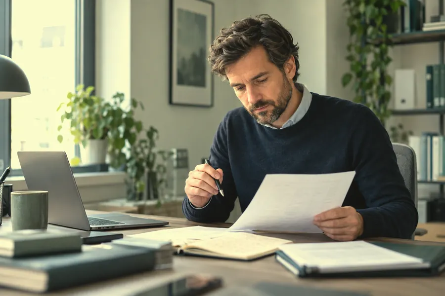 A consultant prepares a pitch with a printed list of target companies.