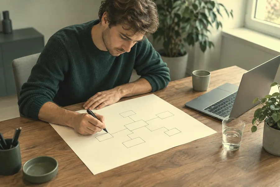 A researcher sketches a map of target companies on paper.