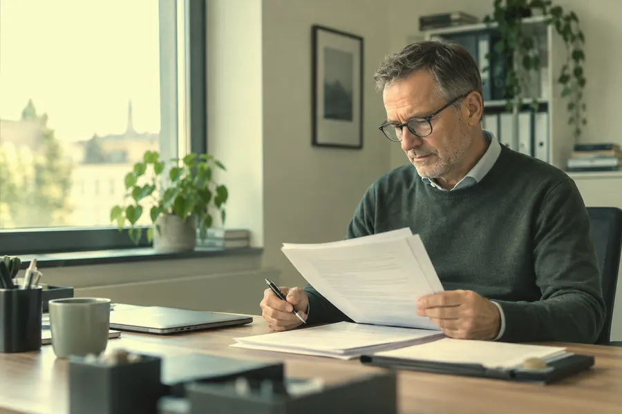 A data protection officer reads a printed document at his desk.
